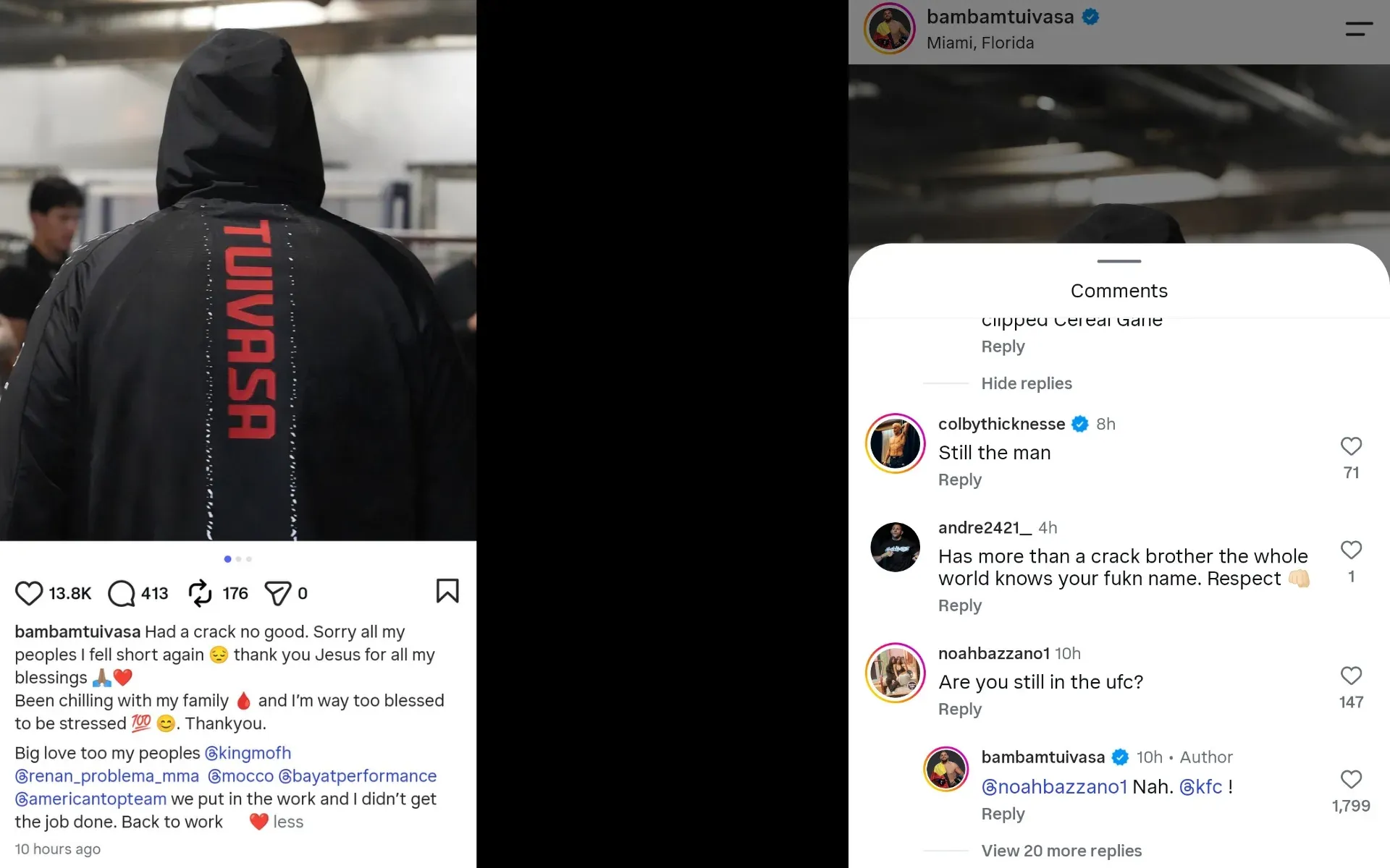 Screenshots of Tai Tuivasa's remarks on Instagram after UFC 331